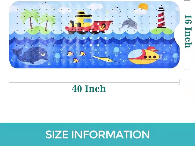 Baby Bath Mat for Tub Non Slip Kids Bathtub Mat Extra Long 40X16 Inch Toddler Bath Tub Shower Mat Anti Slip with Suction Cups & Drain Holes, Machine Washable, Ships