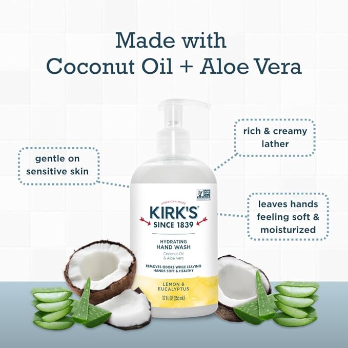 Kirk's Hydrating Hand Wash - Made with Coconut Oil and Aloe Vera, With Odor Neutralizing Technology To Help Eliminate Odors, Non-GMO, Vegan, Lemon & Eucalyptus, 12 Fl Oz. 4 pack