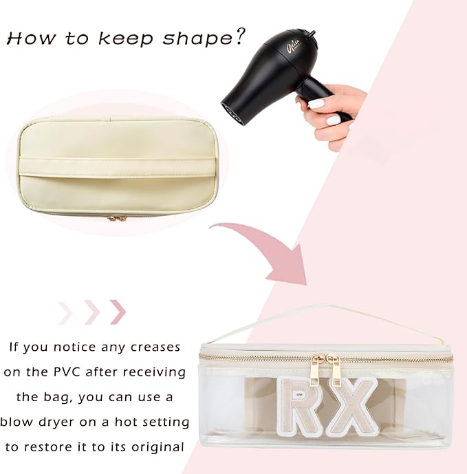 Clear Waterproof MEDS RX Makeup Bag，Transparent PVC Letter Patch medication travel case with Handle and Zipper, Portable Meds First Aid Travel Organizer Cosmetic Bag(04 Beige RX)