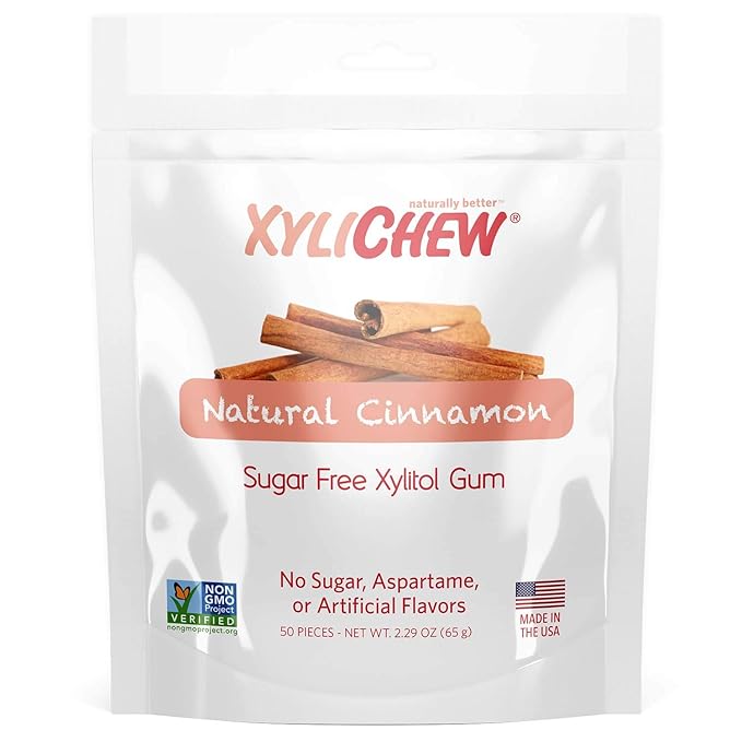 Xylichew 100% Xylitol Chewing Gum - Non GMO, Non Aspartame, Gluten Free, and Sugar Free Gum - Natural Oral Care, Relieves Bad Breath and Dry Mouth - Cinnamon, 50 Count