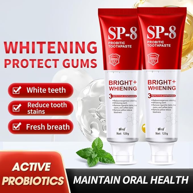 SP-8 Probiotics Whitening Toothpaste - Probiotics for Teeth Whitening and Gum Health - Enamel-Safe, Fluoride-Free, Double Mint Flavor,Fresh Breath-2pcs