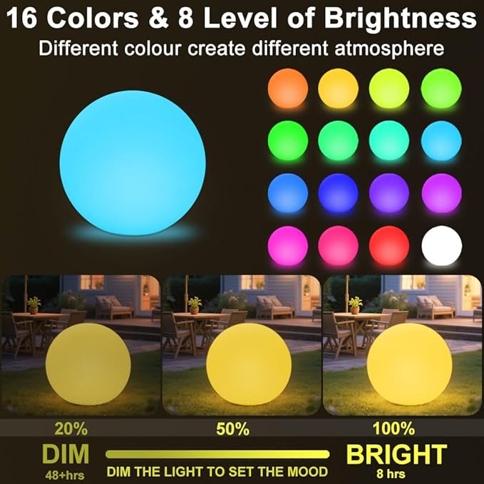 20-in LED Glowing Ball Light, Large Rechargeable LED Globe Orb Light w/Remote, Dimmable RGB Color Changing Globe Floor Lamp, Indoor/Outdoor Waterproof Mood Lamp for Home Garden Patio Lawn Party Decor