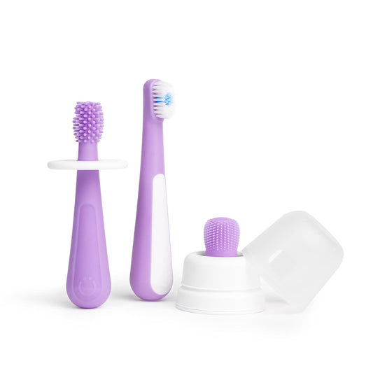 Ubbi Grow with Me Toothbrush Training Set for Babies and Toddlers, Includes Silicone Finger Brush, 360° and Soft Bristled Toothbrush, Smoothie Purple