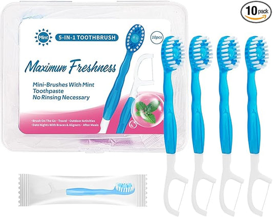 5 in 1 Mini Brushes Disposable Toothbrushes with Toothpaste + Tongue Scraper + Picks+Floss Travel Case Individually Wrapped Soft Travel Toothbursh Portable (Peppermint, 10)