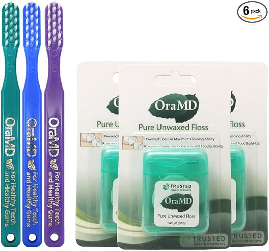 OraMD Bass Toothbrush Pure Unwaxed Dental Floss Packs (3 Pieces Each)