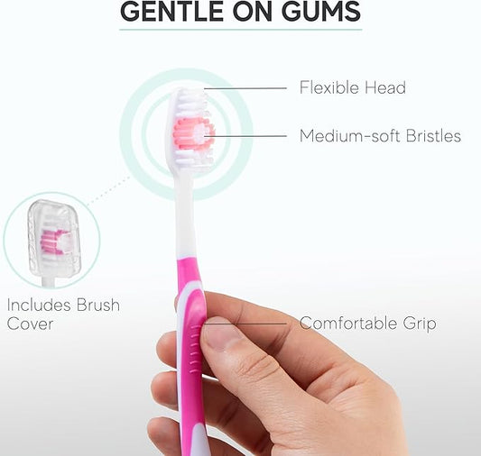 104 Pack Bulk Toothbrushes w/Cover Caps, Individually Wrapped Disposable Travel Toothbrush, Value Size, Long Lasting 3+ Months, Med-Soft Manual Teeth Brush Bristles - Pink