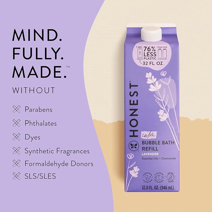 The Honest Company Foaming Bubble Bath Refill Carton Gentle for Baby Naturally Derived Tear-Free Hypoallergenic Lavender Calm 32 fl oz