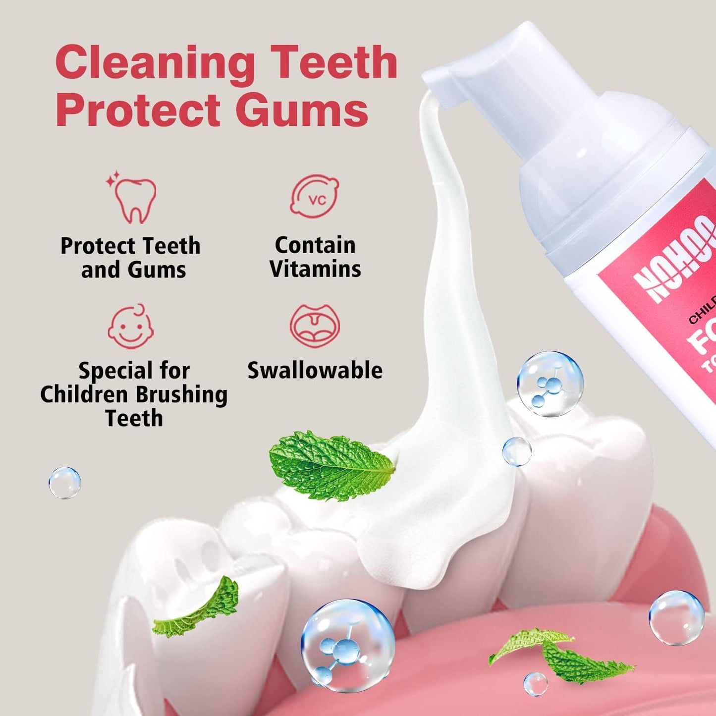 NOHOO Fluoride Free Foam Toothpaste Kids Fruit Flavour,Natural Training Toothpaste for Baby Toddler Children Oral Cleaning and Cavity Protection(Strawberry + Peach)