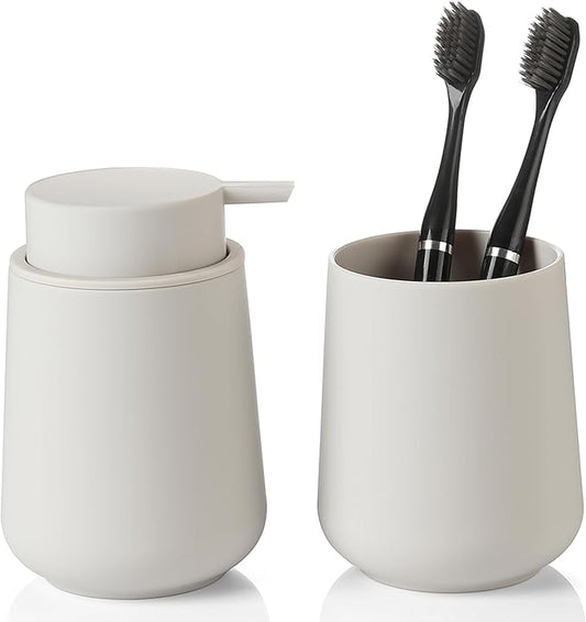 Matte Beige Bathroom Accessories 2 Piece Set Plastic Soap Dispenser and Toothbrush Holder for Modern Bathroom Decor