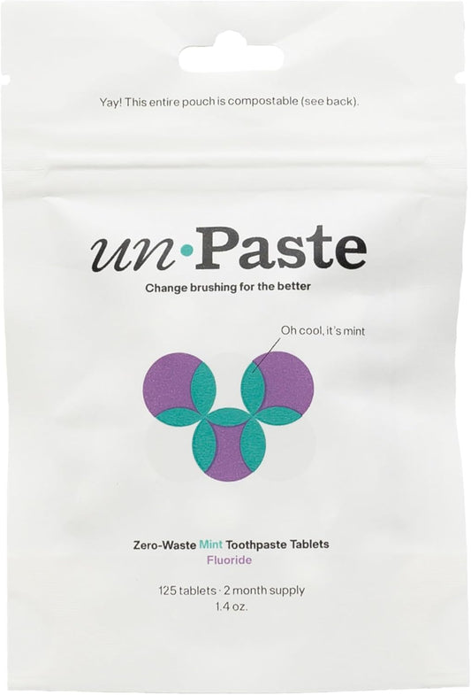 New Formula, Unpaste Toothpaste Tablets, Fluoride Mint, Xylitol Free, Vegan, Plastic Free, Travel-Friendly, Resealable Packet, 125ct, 2 Month Supply