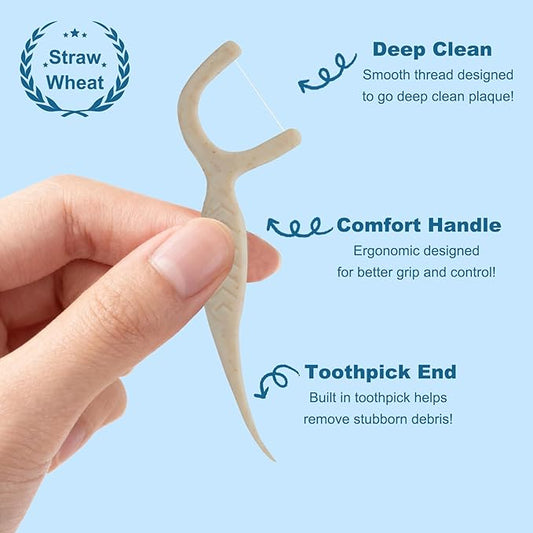 Straw Biodegradable Dental Floss Picks 200 Count,Zueloar Eco Friendly Natural Vegan Plant Based Floss Sticks,Tooth Flosser Clean for Adults Kids Oral Gum Care (200)