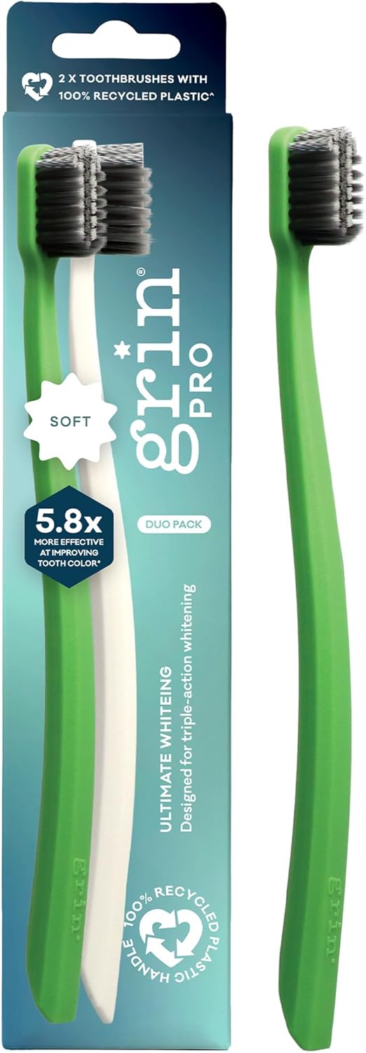 Grin Pro Ultimate Whitening Toothbrush, Soft, 2 Count, Designed for Triple-Action Whitening, 100% Recycled Plastic Handle