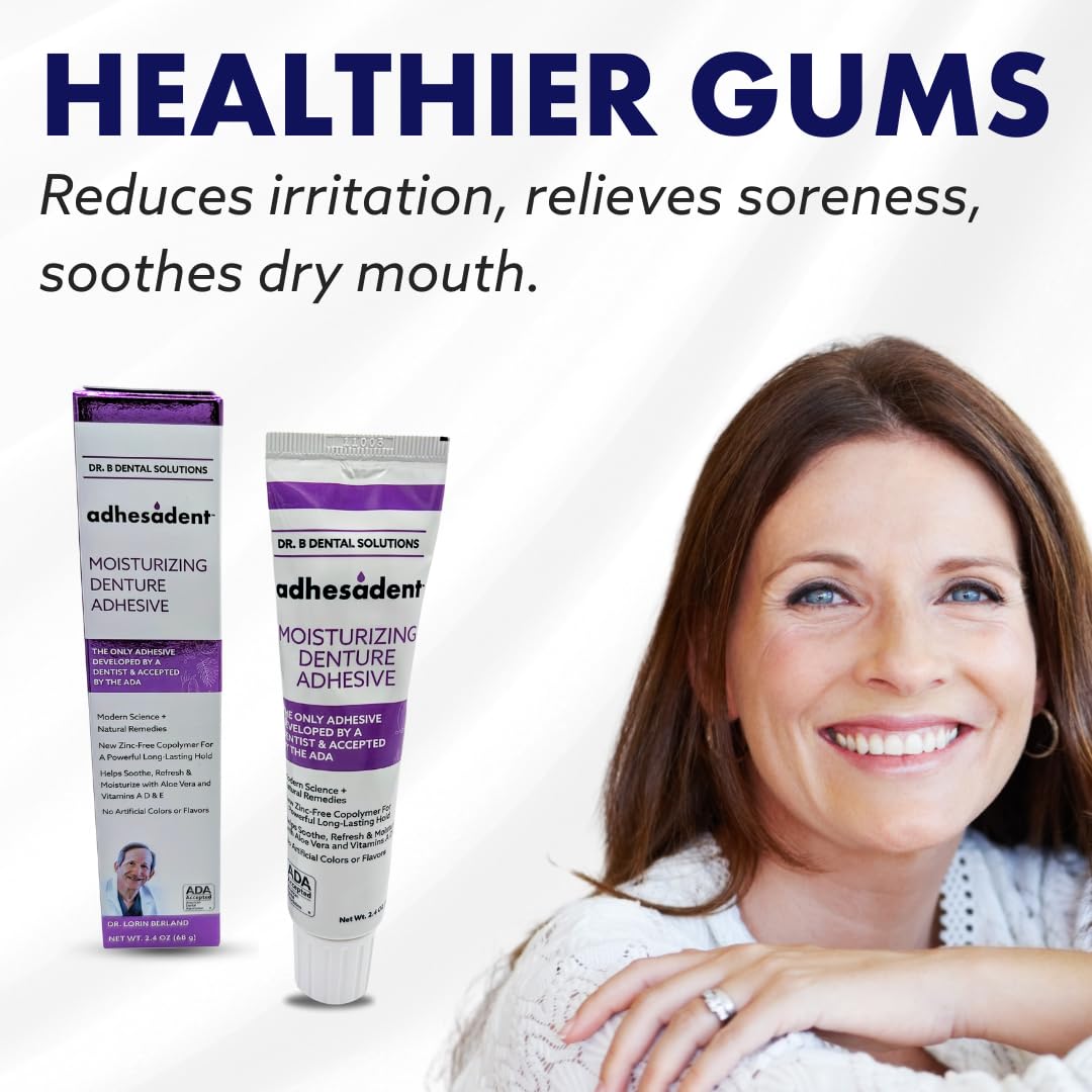 Dr. B Dental Solutions Adhesadent Moisturizing Denture Adhesive - Secure Denture Glue with Strong Grip & Natural Taste - Zinc-Free Dental Adhesive for Dentures - Travel Size 0.75 oz (4 Pack)