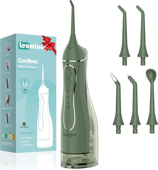 Leominor Water Dental Flosser Pick for Teeth, 300ML Portable Oral Irrigator Upgraded Tank Removable,IPX7 Waterproof, Rechargeable Travel Teeth Cleaner, Professional Electric Flossing Machine(O-Green)