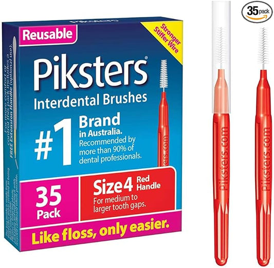 Piksters Interdental Brushes, 35 pk, Size 4, Interdental Tooth Brush for Medium Gaps, Gum Soft Bristles for Plaque Removal, Safe for Braces