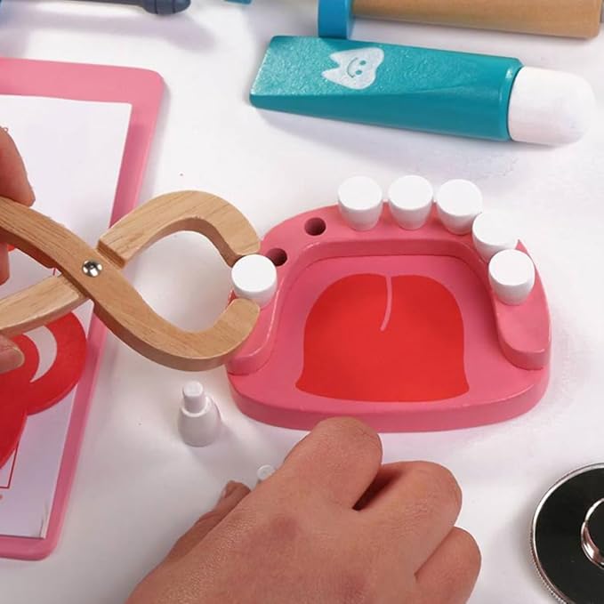 Wooden Dentist Toy Kit Pretend Play Teeth Tools Educational Doctor Role Play Set for Kids 6PCS Dentist Simulation Toy Educational for Boys Girls Early Learning