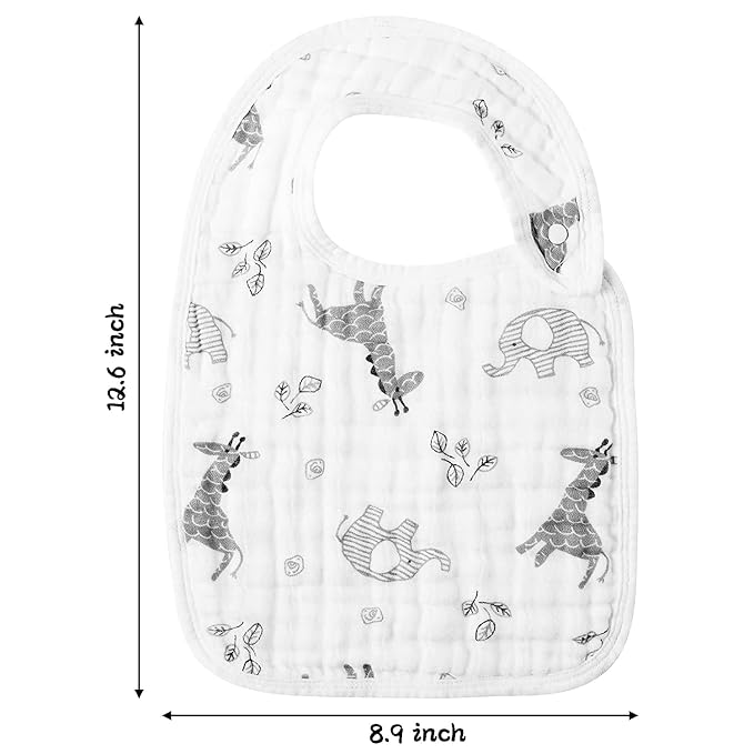 Zainpe 6Pcs Snap Muslin Bibs for Baby Machine Washable Adjustable Unisex Burp Cloths with 6 Absorbent Soft Layers, Animal Pattern Bib for Newborns Toddlers Infants 3 to 36 Months Drooling Teething
