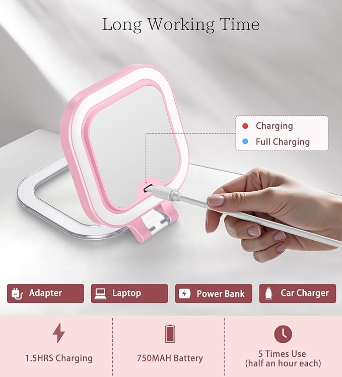 Shinowa Rechargeable Travel Makeup Mirror with 44 LED Lights, 1X/10X Magnifying Vanity Mirror with 3 Color Light, Folding Stand, 4 Inch Portable Dimmable Double Sided Compact Lighted Mirror, Pink