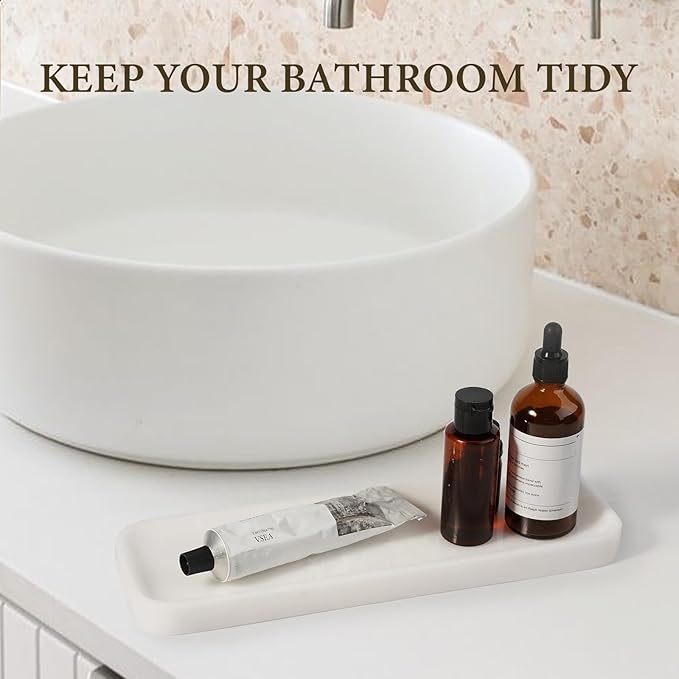 Koville Marble Tray for Bathroom Sink, 12"x4" Natural Stone Vanity Tray for Kitchen Dresser Countertop, Rectangular Decorative Marble Tray for Jewelry Perfume Trinket(White)