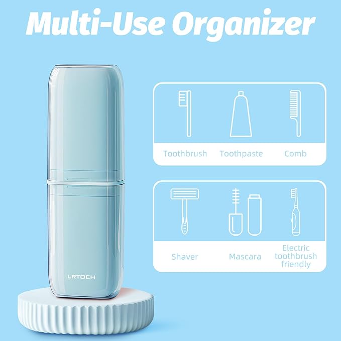 Toothbrush Travel Cup, 4-in-1 Toothbrush Holders with Cover, Portable Tooth Brush Travel Case for Family, Multi-Function Travels Cup, Toothpaste Storage Container (Blue)
