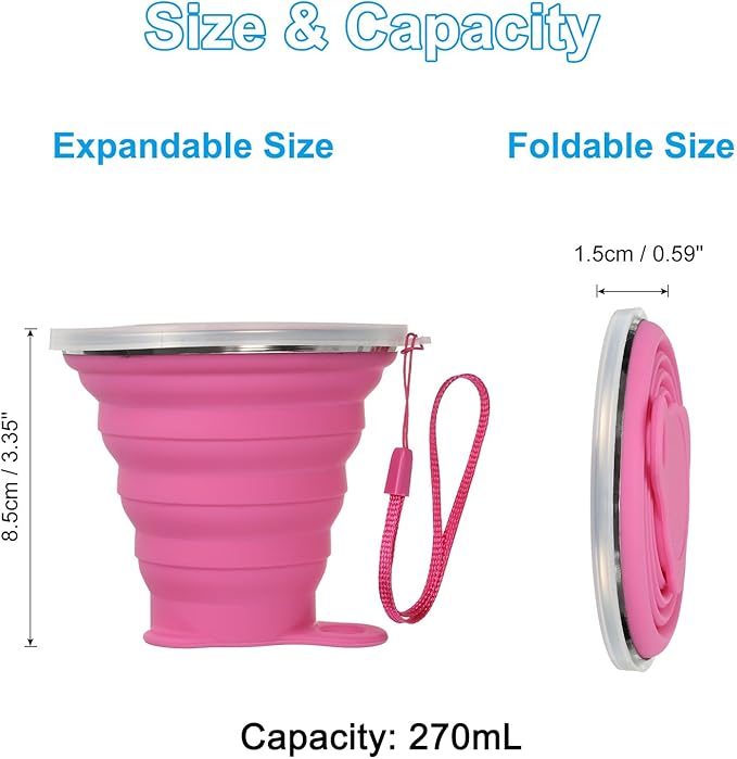 PATIKIL Collapsible Travel Cup, 2 Pack 270mL Travel Folding Cup with Lid Silicone Portable Drinking Cup for Traveling Camping, Rose Red