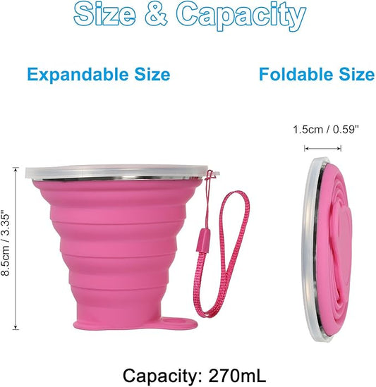 PATIKIL Collapsible Travel Cup, 2 Pack 270mL Travel Folding Cup with Lid Silicone Portable Drinking Cup for Traveling Camping, Rose Red