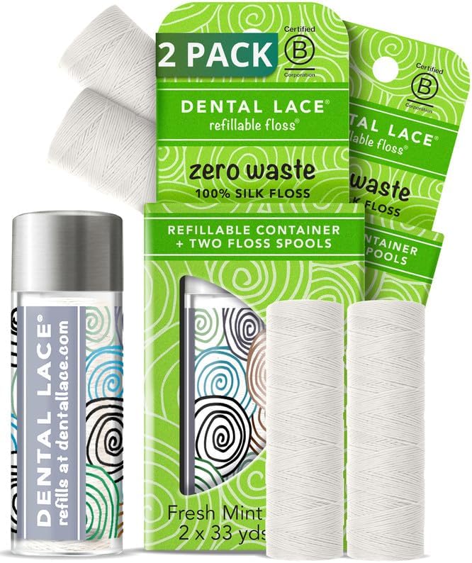 Dental Lace Refillable Silk Dental Floss -100% Silk Floss with Mint Flavor, PFAS & PTFE Free - Includes 1 Refillable Glass Floss Container & 2 Spools (66 Yards) - Recyclable Packaging (Pack of 2)