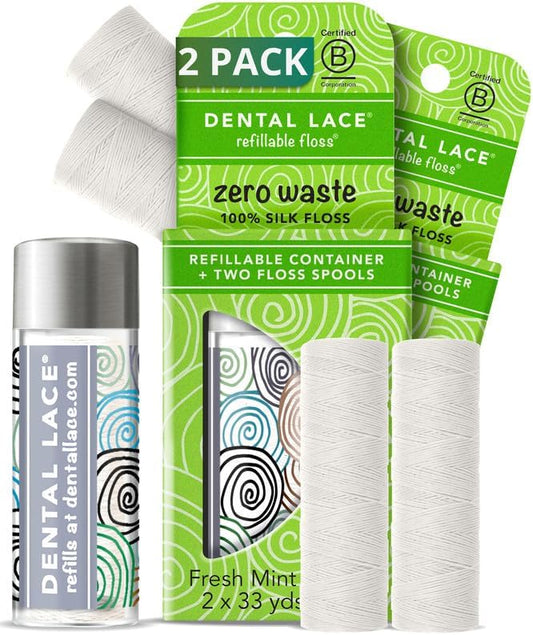 Dental Lace Refillable Silk Dental Floss -100% Silk Floss with Mint Flavor, PFAS & PTFE Free - Includes 1 Refillable Glass Floss Container & 2 Spools (66 Yards) - Recyclable Packaging (Pack of 2)