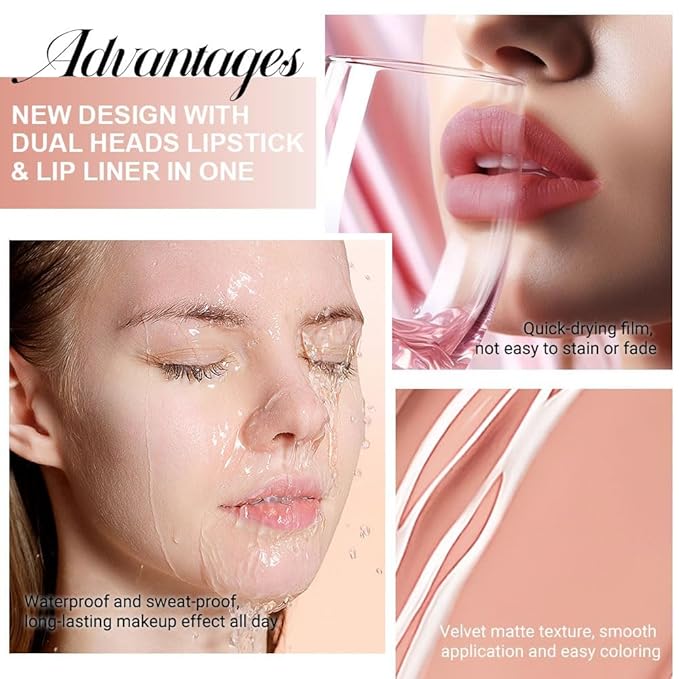 1Pcs 2 in 1 Bright Pure Nude Pink Lip Liner and Liquid Lipstick Stain Makeup Set for women, Nude Long Lasting Smudge Proof Lip Tint Matte Finish Lip Gloss for All-Day Color Hold Easy to Use 56#