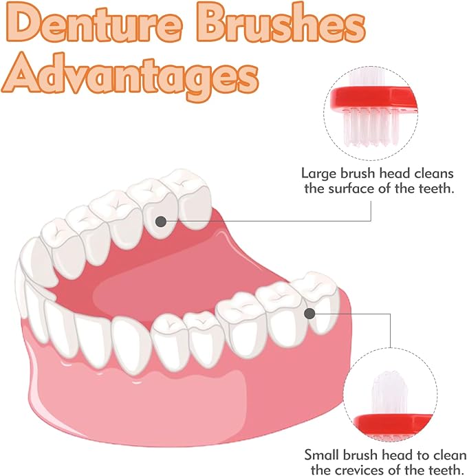 6 Pack Portable Denture Brush, Dual Headed Firm Hard Bristle Denture Toothbrush, Dentures Brushes for Cleaning Dentures, False Teeth, Clear Braces and Mouth Guards