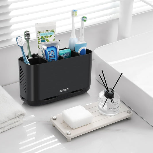 Boperzi Toothbrush Holders for Bathrooms Organizers and Storage, Large Tooth Brush Holders with Drainage, Anti-Slip Electric Toothbrush and Toothpaste Holders Caddy for Shower Kids Family, Black