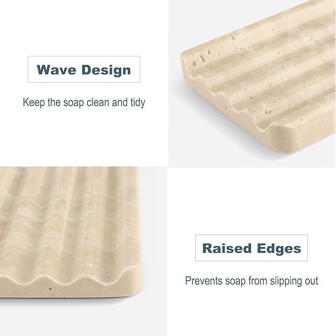 Marble Soap Dish, Beige Travertine Bar Soap Holder Shower, Brown Large Bathroom Soaps Saver, Easy Cleaning Natural Stone Sponge Holder for Kitchen Sink, Executive Jewelry Ring Tray
