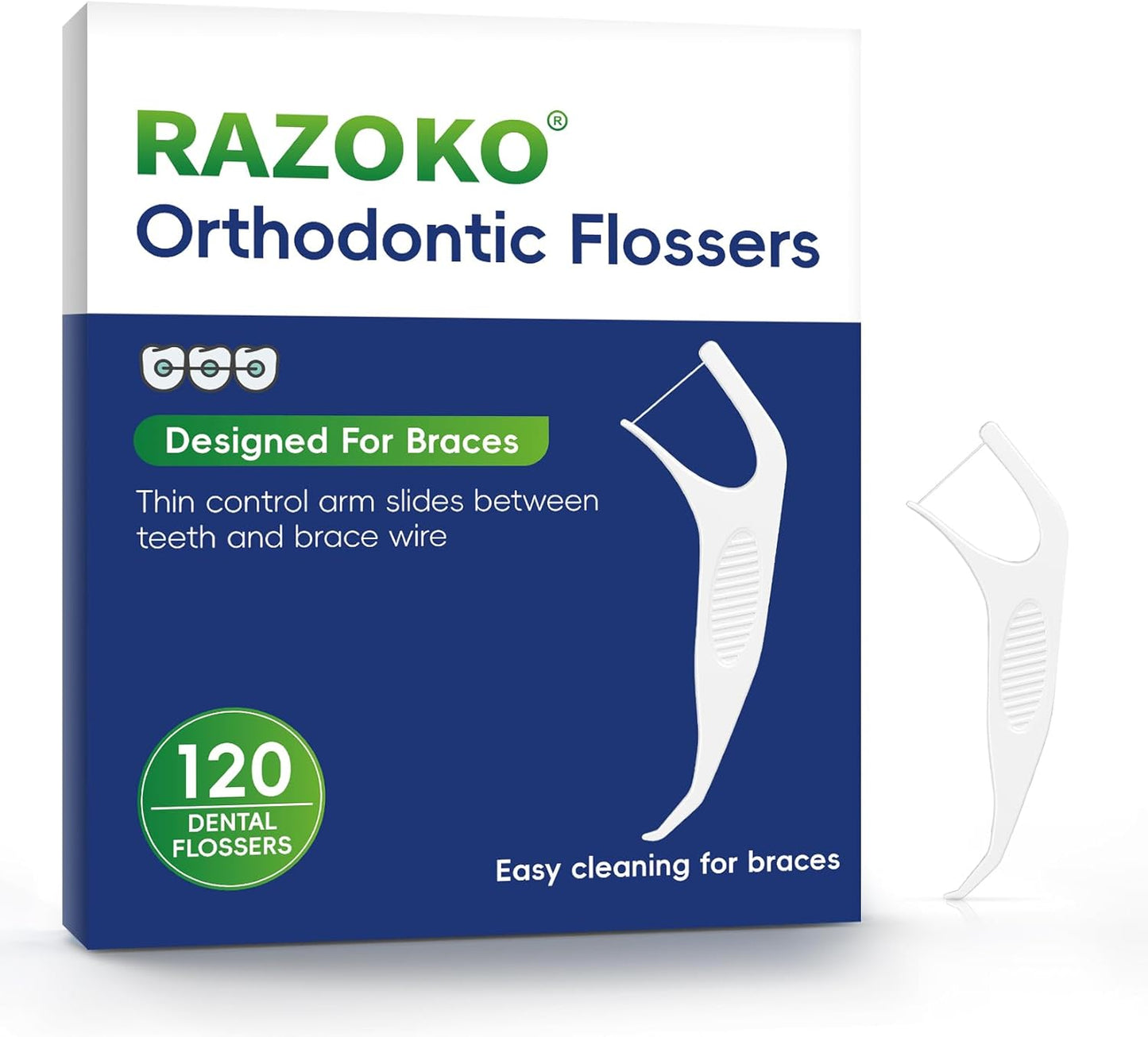 RAZOKO Orthodontic Flossers for Braces, Ortho Dental Floss Picks for Adults & Kids, Premium Thin Floss,Designed for Braces, Unflavored 120 Count