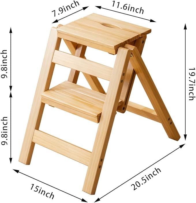 Latifolia Foldable 2 Step Stool, Wooden Step Stool with Floor Saver, Decorative Ladder Shelf for Living Room, Kitchen, Garden(Nature)