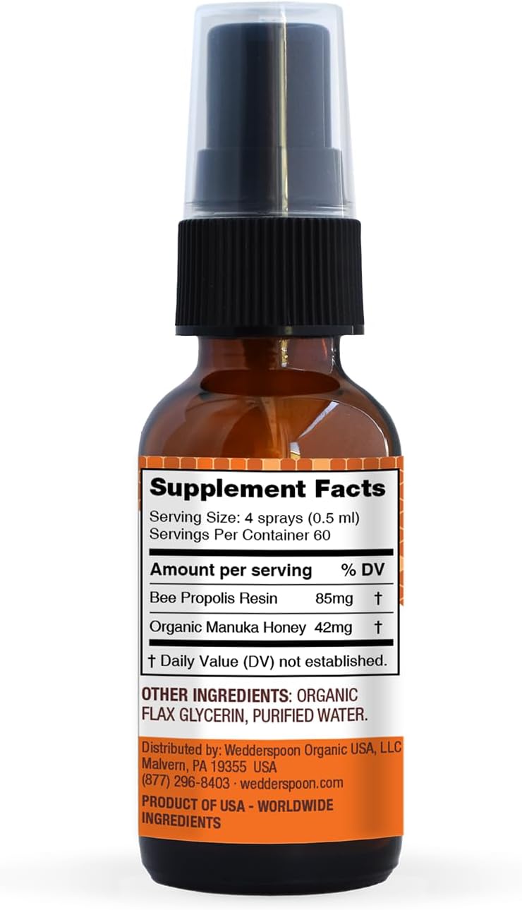 Wedderspoon Propolis and Manuka Honey Throat Spray, Original Honey, 1 Fl Oz (Pack of 1), Sore Throat Relief, Natural Immune Support