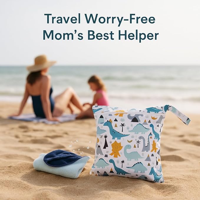 Waterproof Wet Dry Bag, Reusable Diaper Pouch with Zipper, Machine Washable Travel Organizer for Beach, Daycare, Kids, Dinosaur Pattern (White Dino)