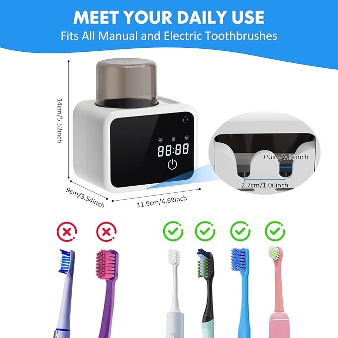 Wall Mounted Toothbrush Cleaning Holder, 2 Slots UV Toothbrush Cleaner with LED Screen, Timer and Cup, Smart Toothbrush Storage with Heating and Fan Drying for Bathroom Organizer & Decor - White
