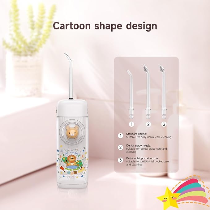 Kids Water Flosser,3 Modes Cordless Portable Water Teeth Cleaner,4 Replaceable Nozzles,IPX7 Waterproof Oral Irrigator Rechargeable,Professional Flossing Cleaning Picks for Home Travel (White)
