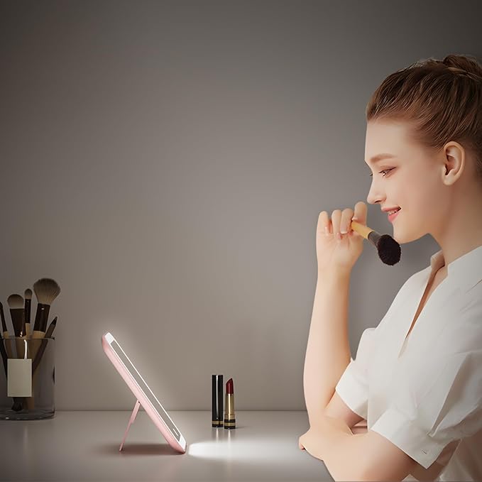 Kintion Travel Makeup Mirror, 6"*4.2" Rechargeable Portable LED Lighted Tabletop Vanity Mirror, 3 Colors Touch Dimmable Compact Mirror for Women Gift, Pink