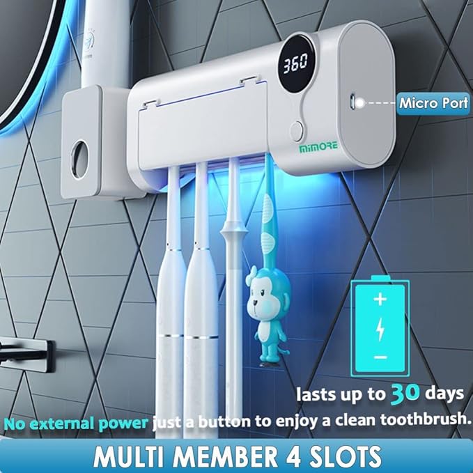 MIMORE Toothbrush Holder, 4 Toothbrush Slots & Timer Function, Cordless Wall Mounted Toothbrush Holders for Bathrooms