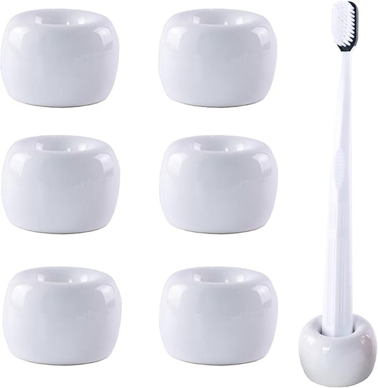Set of 6 Sleek Mini Ceramics Toothbrush Holder, Small Ceramic Ring, Perfect Size for Bathroom Vanity Countertops