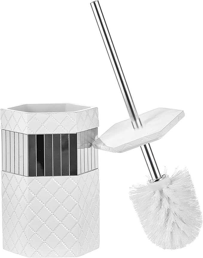 Creative Scents Quilted Mirror Bathroom Toilet Brush Set - White Toilet Bowl Brush and Holder - Good Grip Toilet Bowl Cleaner Brush and Holder - Decorative Compact Toilet Bowl Scrubber