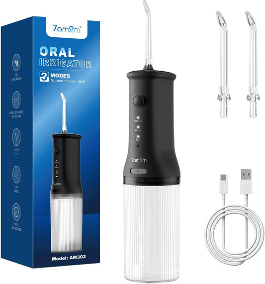 7AM2M Portable Water Flosser Cordless, Water Flosser with 3 Modes and 2 Jet Tips, USB C Rechargeable, IPX7 Waterproof, Dental Water Flosser for Travel and Home Use (Black)