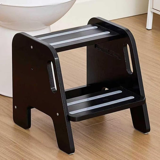 WOOD CITY Toddler Step Stool, Wooden 2 Step Stools for Bathroom Sink Potty Training Kitchen Dual Height Stool Helper for Kids Bonus Non-Slip Pads and Handles for Safety （Black）