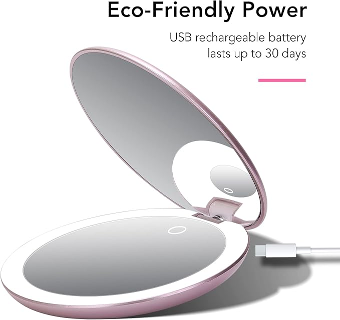 Fancii Taylor LED Lighted Travel Makeup Mirror, Rechargeable with 10x/1x Magnifying & 3 Light Settings - Compact, Portable, Large 5” Wide Hand Mirror for Handbag and Purses (Rose Gold)