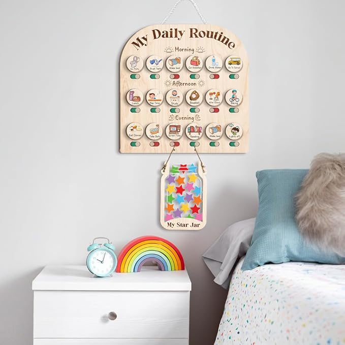 Wooden Daily Routine Chart with Reward Jar, Toddler Reward System, Morning Bedtime Routine Chart, Toddler Charts for Behavior and Routines, Wooden Chore Chart for Kids