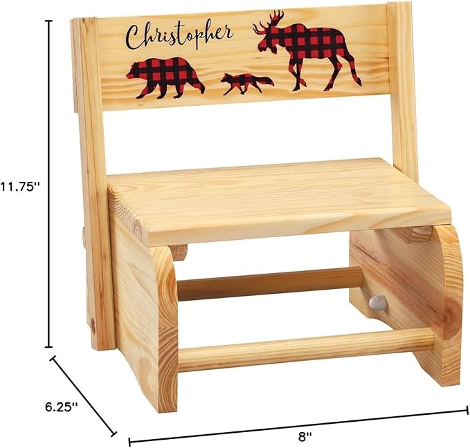 Custom Children's 2-in-1 Step Stool and Chair, Natural Wood, Buffalo Plaid Design with Custom Name