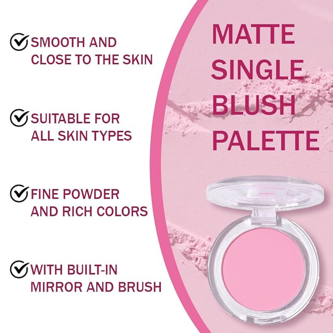 Blush for Cheeks Makeup Palette, Natural Matte Cream Powder Single Blushes for Eye and Cheek, Buildable Long-Lasting Color, Vegan & Cruelty-Free, Everyday Makeup Look for Women, #01-Light Pink