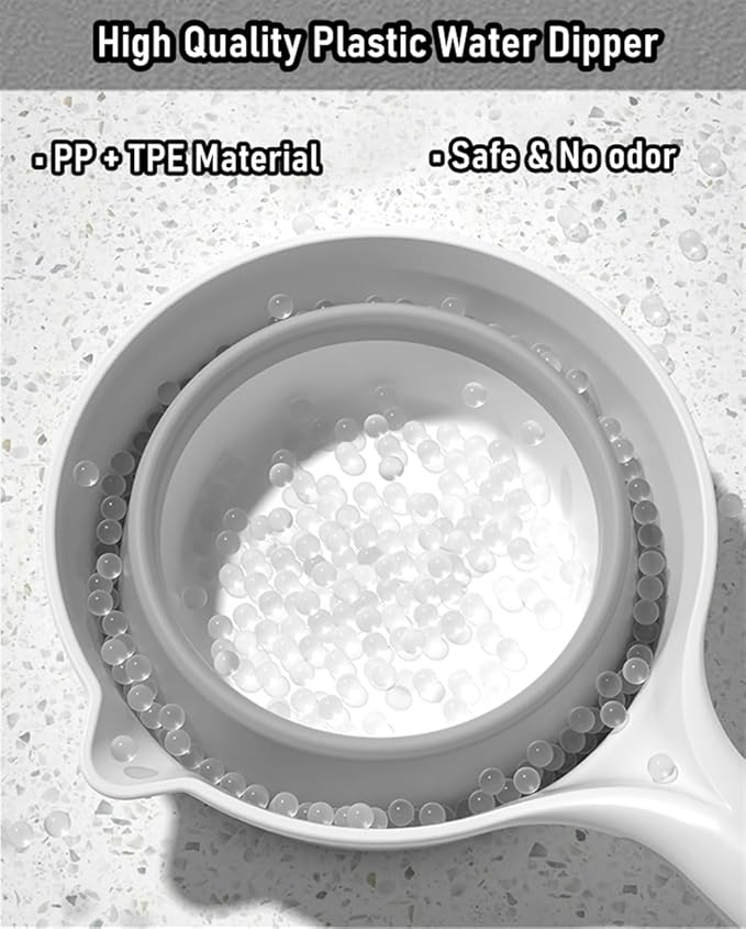 Collapsible Plastic Water Ladle Folding Scoop for Bath Soaking Cleaning, Portable Water Pourer Dipper Spoon for Camping Travel, Small Shower Bucket Basin Tub Rinse Cup Mug for Hair Washing, Gray