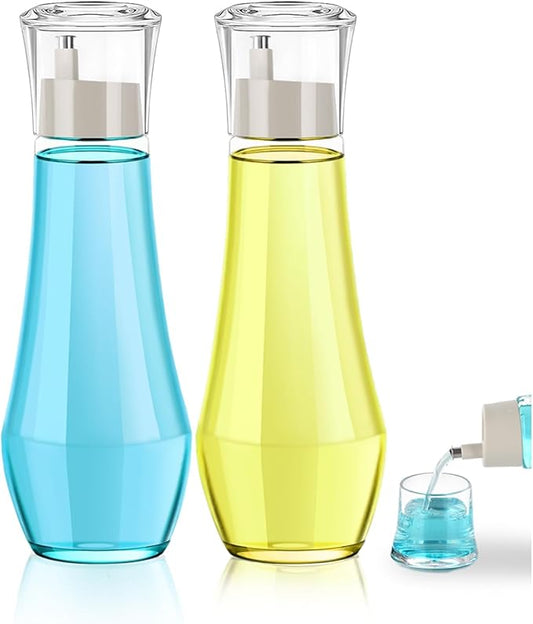 Glass Mouthwash Dispenser for Bathroom, Mouth Wash Container Bottle with Lid Cup, Small Clear Refillable Mouthwash Decanter Holder (2 Pack/ 7.5)